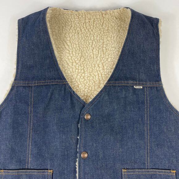 Vintage Nelson Denim 70s Fleece Lined Vest Size XL Western Cowboy Cowgirl - Picture 2 of 7